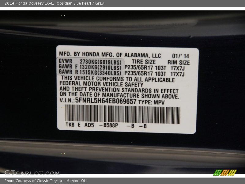 Obsidian Blue Pearl / Gray 2014 Honda Odyssey EX-L