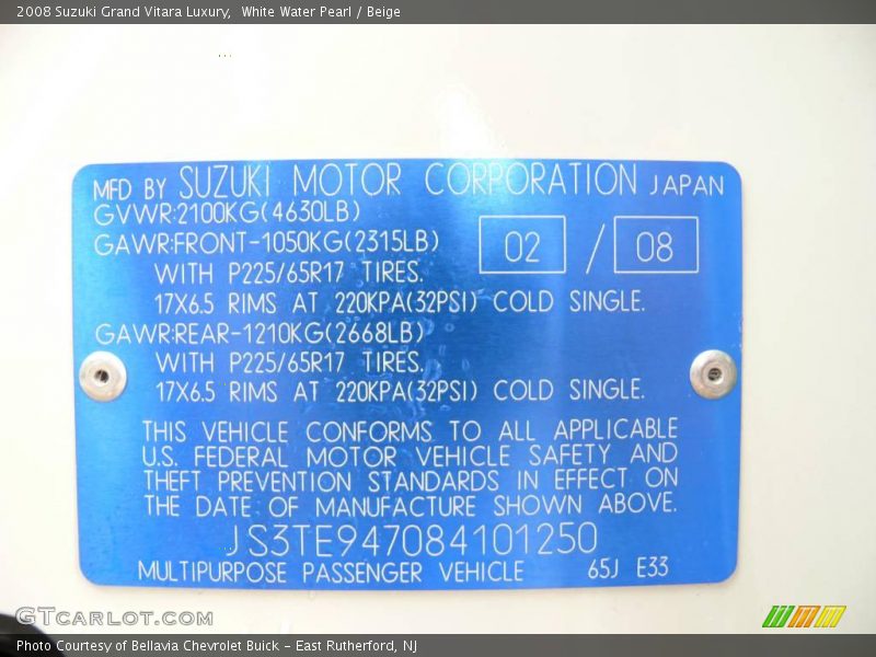 White Water Pearl / Beige 2008 Suzuki Grand Vitara Luxury