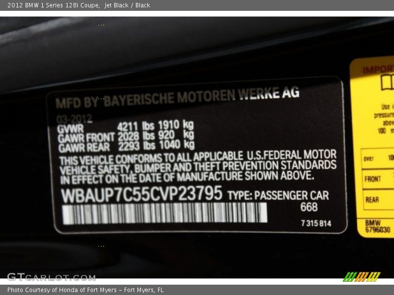 Jet Black / Black 2012 BMW 1 Series 128i Coupe