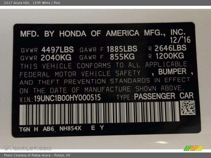 2017 NSX  130R White Color Code NH854X