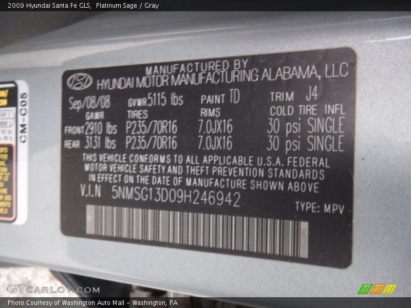 Platinum Sage / Gray 2009 Hyundai Santa Fe GLS