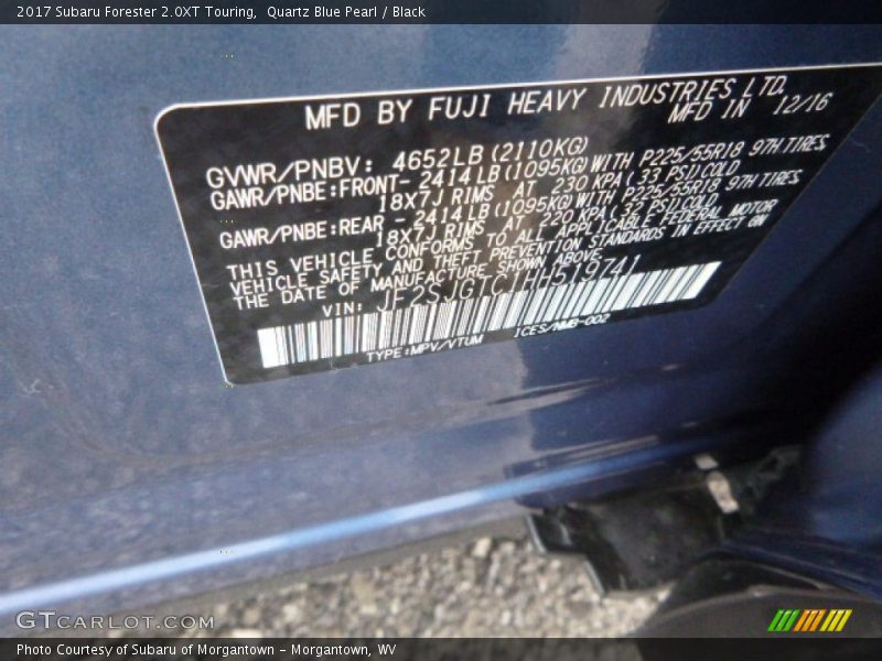 Quartz Blue Pearl / Black 2017 Subaru Forester 2.0XT Touring