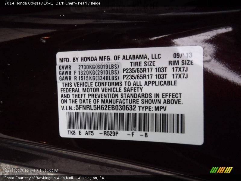 Dark Cherry Pearl / Beige 2014 Honda Odyssey EX-L
