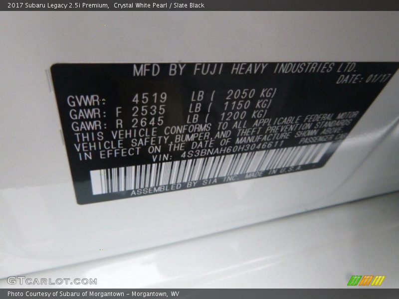 Crystal White Pearl / Slate Black 2017 Subaru Legacy 2.5i Premium