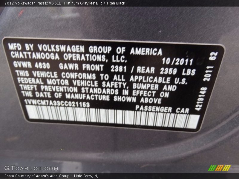 Platinum Gray Metallic / Titan Black 2012 Volkswagen Passat V6 SEL