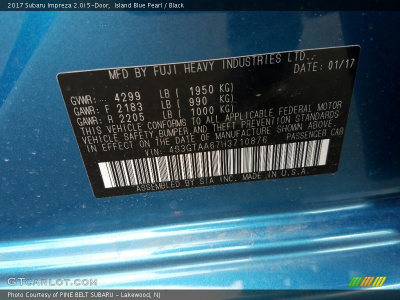 Island Blue Pearl / Black 2017 Subaru Impreza 2.0i 5-Door