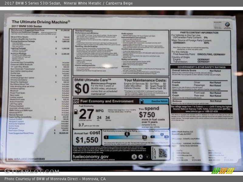  2017 5 Series 530i Sedan Window Sticker