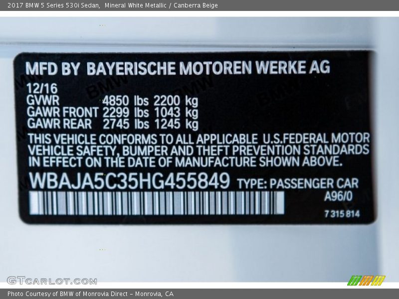 2017 5 Series 530i Sedan Mineral White Metallic Color Code A96