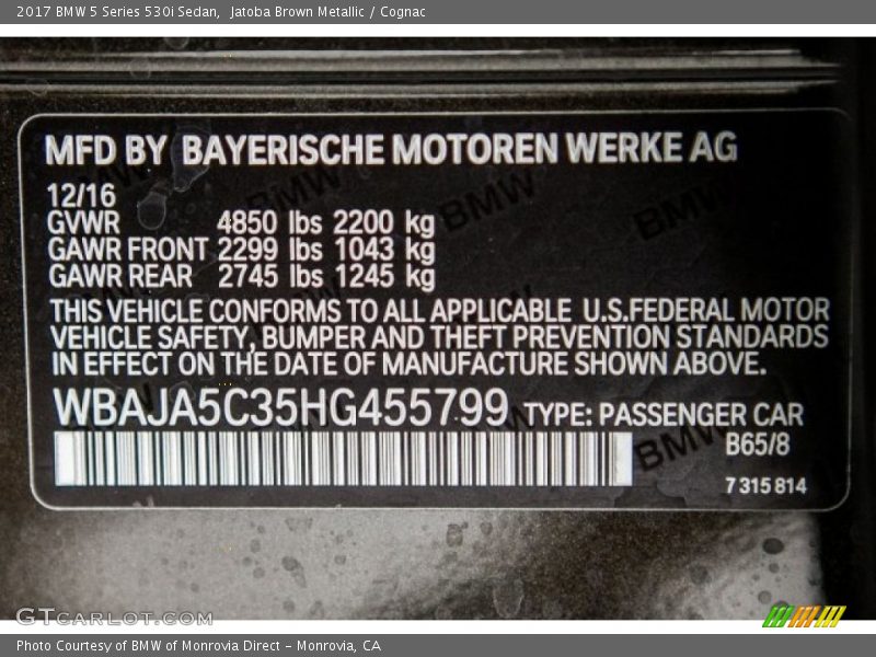 2017 5 Series 530i Sedan Jatoba Brown Metallic Color Code B65
