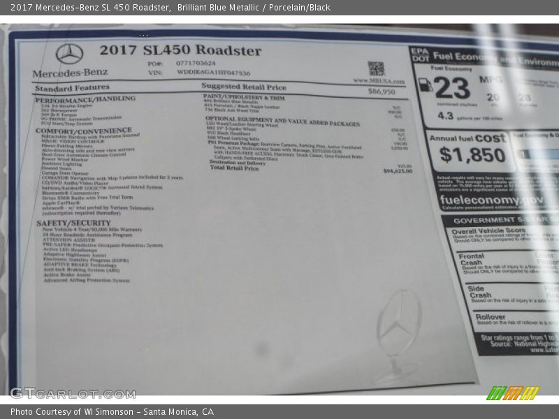  2017 SL 450 Roadster Window Sticker