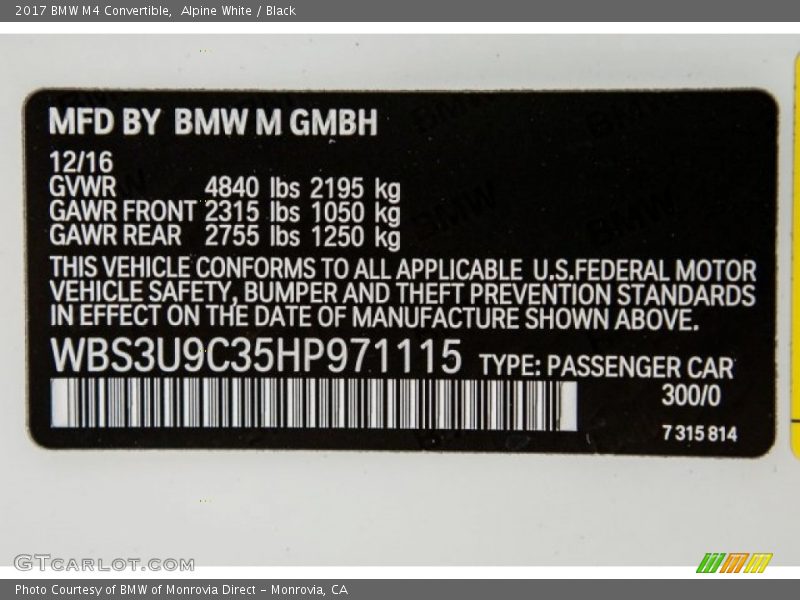 2017 M4 Convertible Alpine White Color Code 300