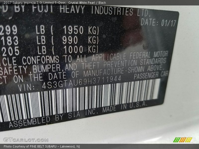 Crystal White Pearl / Black 2017 Subaru Impreza 2.0i Limited 5-Door
