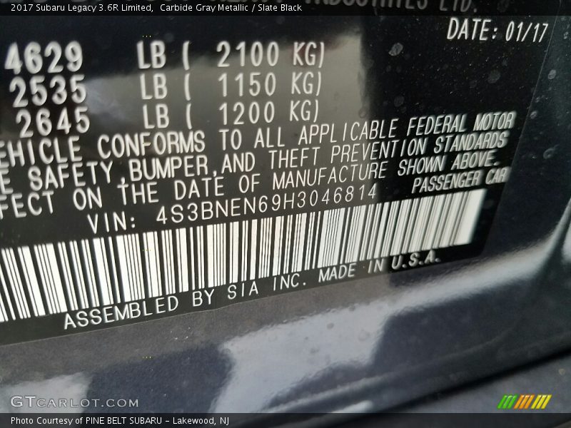Carbide Gray Metallic / Slate Black 2017 Subaru Legacy 3.6R Limited