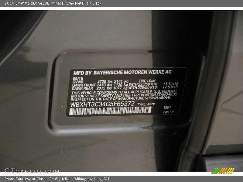 Mineral Grey Metallic / Black 2016 BMW X1 xDrive28i