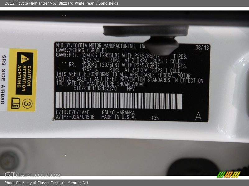 Blizzard White Pearl / Sand Beige 2013 Toyota Highlander V6
