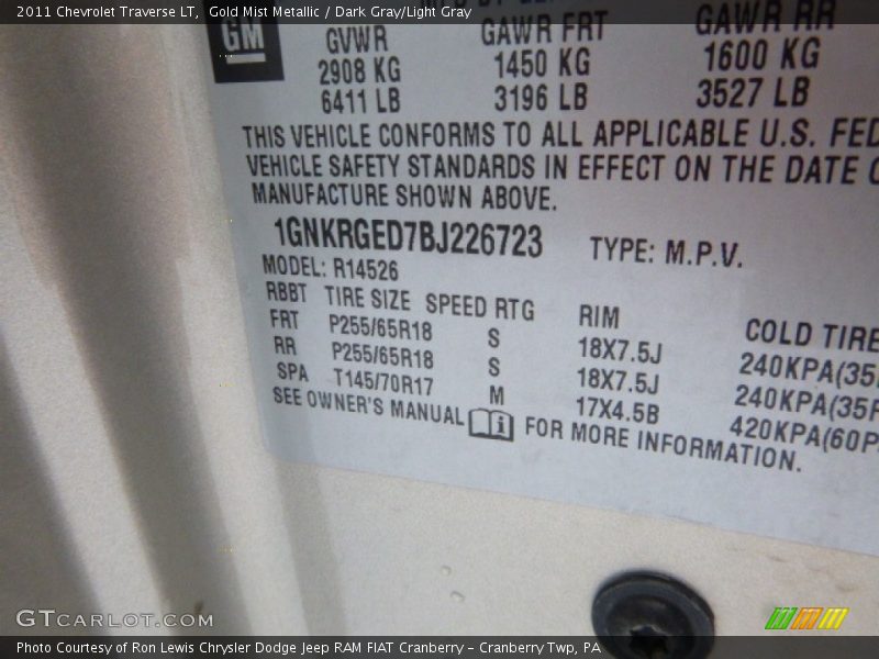 Gold Mist Metallic / Dark Gray/Light Gray 2011 Chevrolet Traverse LT