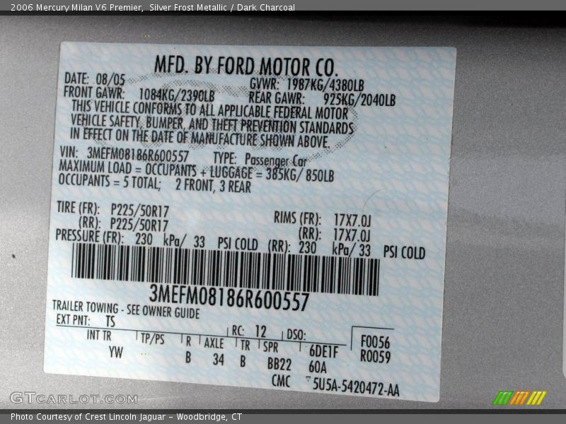 Silver Frost Metallic / Dark Charcoal 2006 Mercury Milan V6 Premier