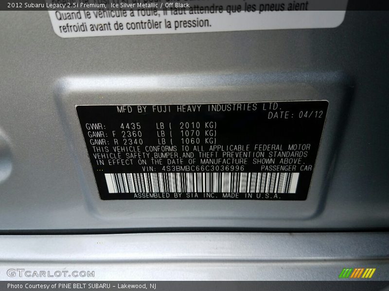 Ice Silver Metallic / Off Black 2012 Subaru Legacy 2.5i Premium
