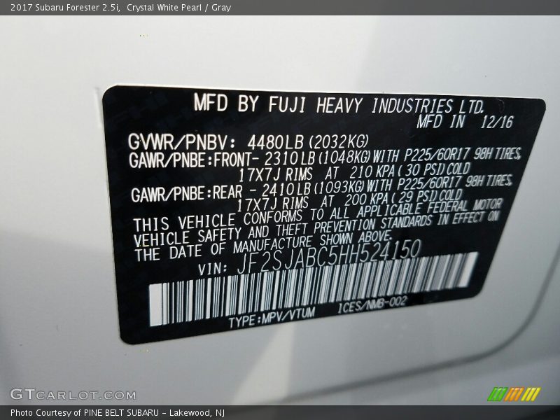 Crystal White Pearl / Gray 2017 Subaru Forester 2.5i