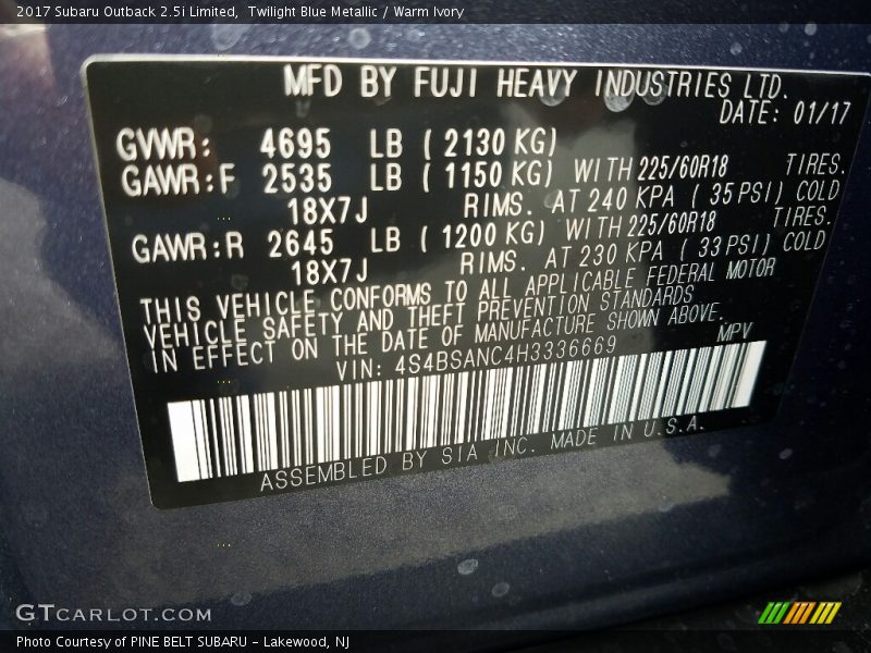 Twilight Blue Metallic / Warm Ivory 2017 Subaru Outback 2.5i Limited
