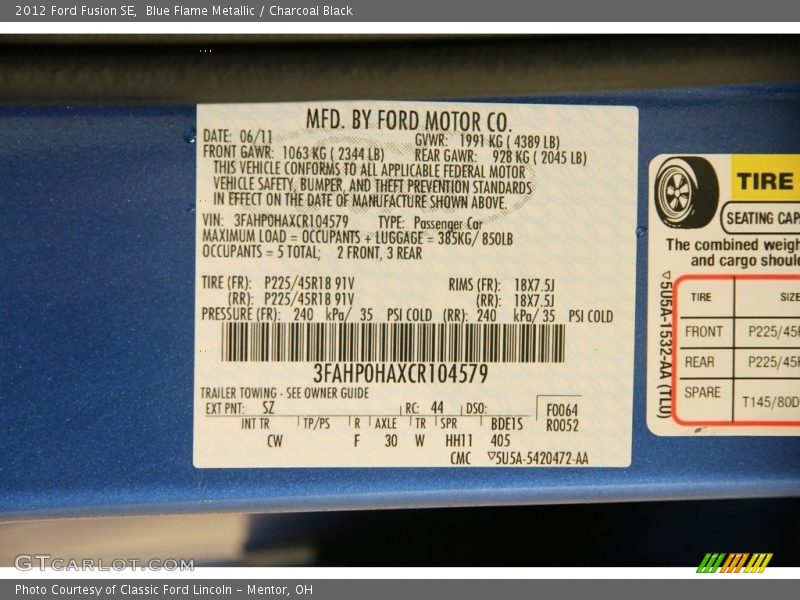 Blue Flame Metallic / Charcoal Black 2012 Ford Fusion SE