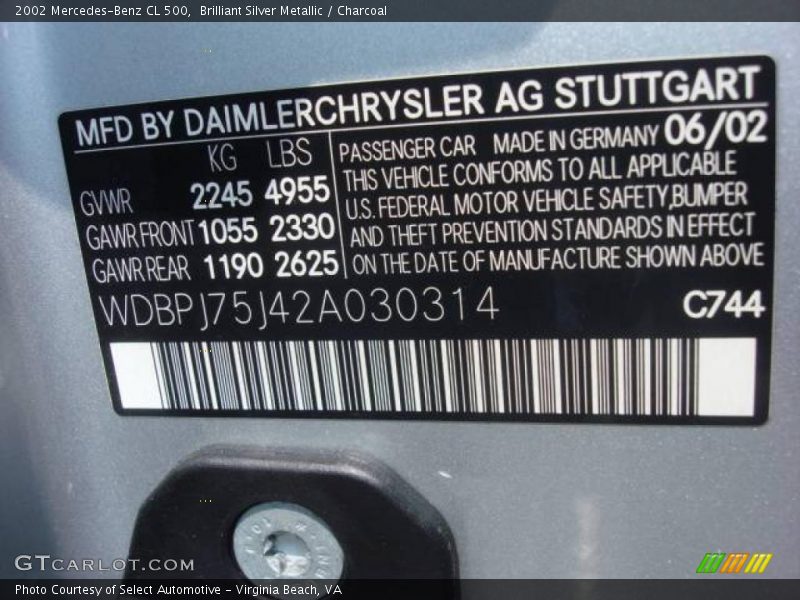 Brilliant Silver Metallic / Charcoal 2002 Mercedes-Benz CL 500