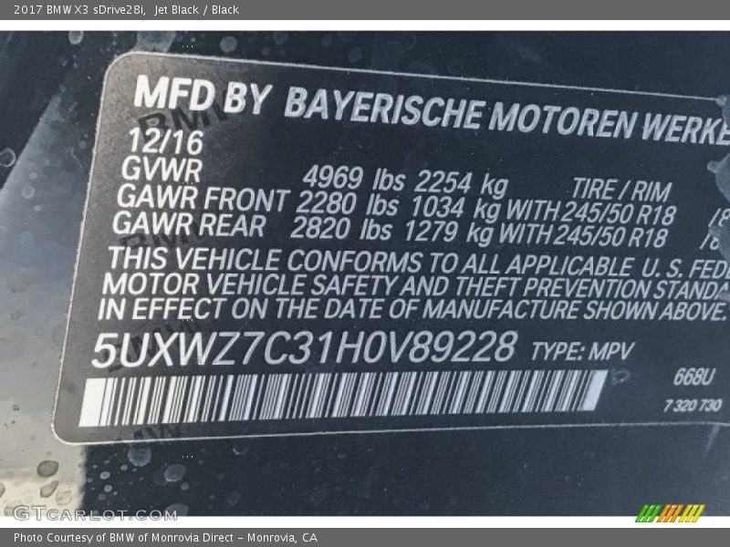 Jet Black / Black 2017 BMW X3 sDrive28i