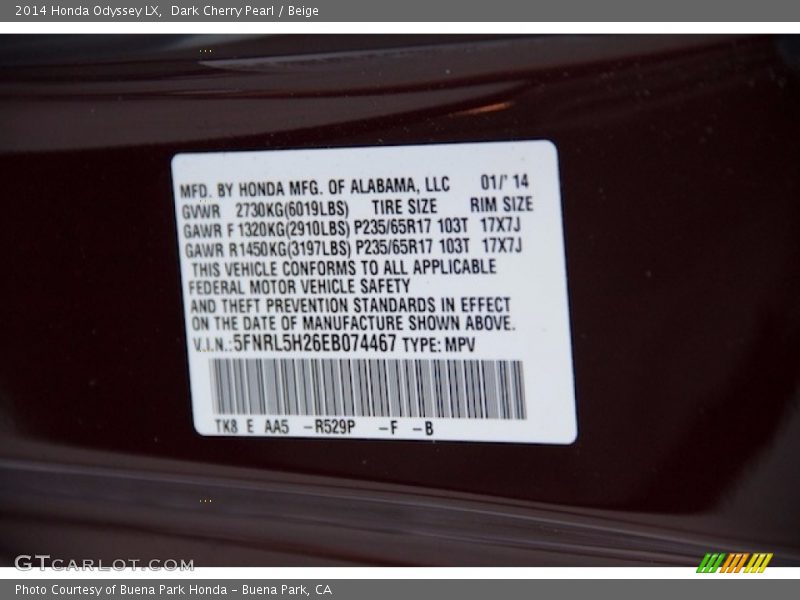 Dark Cherry Pearl / Beige 2014 Honda Odyssey LX