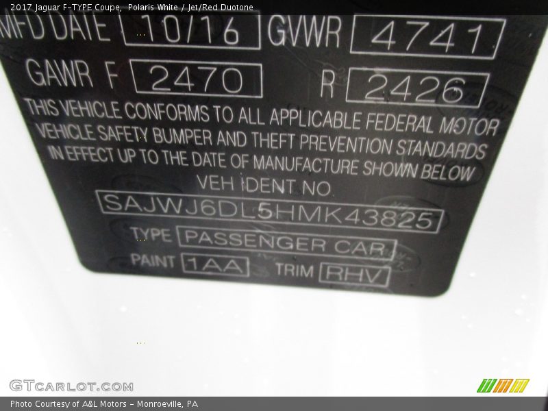 2017 F-TYPE Coupe Polaris White Color Code 1AA