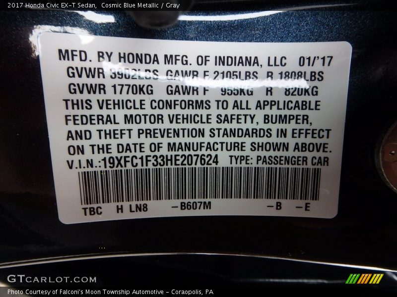Cosmic Blue Metallic / Gray 2017 Honda Civic EX-T Sedan