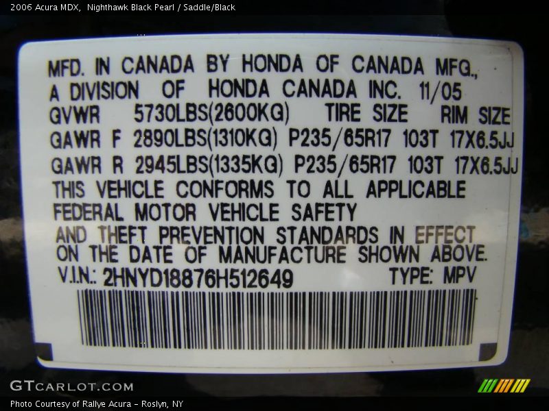 Nighthawk Black Pearl / Saddle/Black 2006 Acura MDX