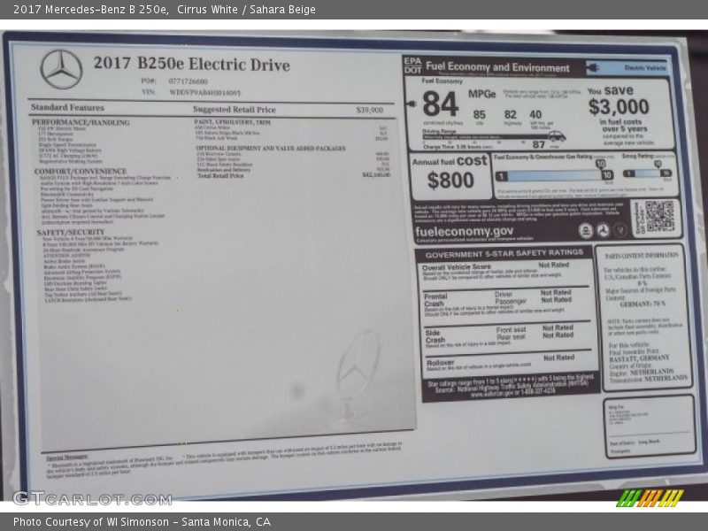  2017 B 250e Window Sticker