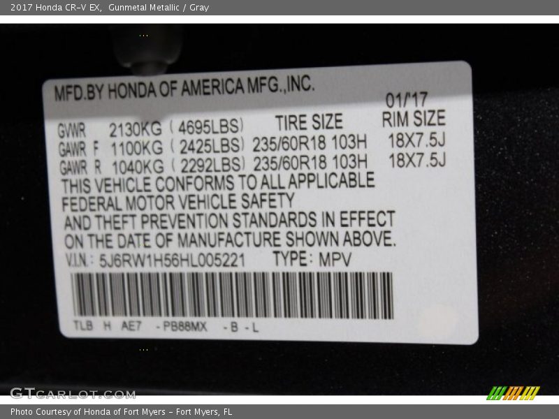 Gunmetal Metallic / Gray 2017 Honda CR-V EX