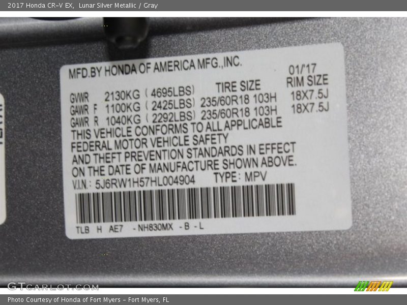 Lunar Silver Metallic / Gray 2017 Honda CR-V EX