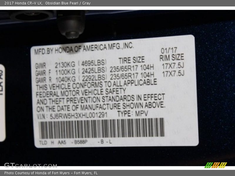 Obsidian Blue Pearl / Gray 2017 Honda CR-V LX