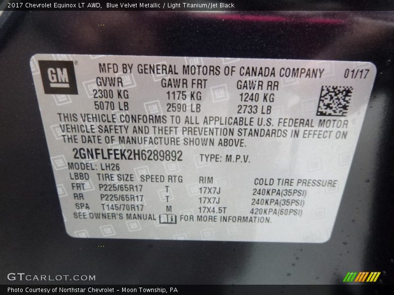 Blue Velvet Metallic / Light Titanium/Jet Black 2017 Chevrolet Equinox LT AWD