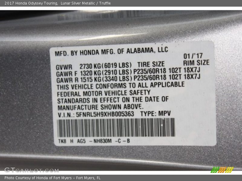 2017 Odyssey Touring Lunar Silver Metallic Color Code NH830M
