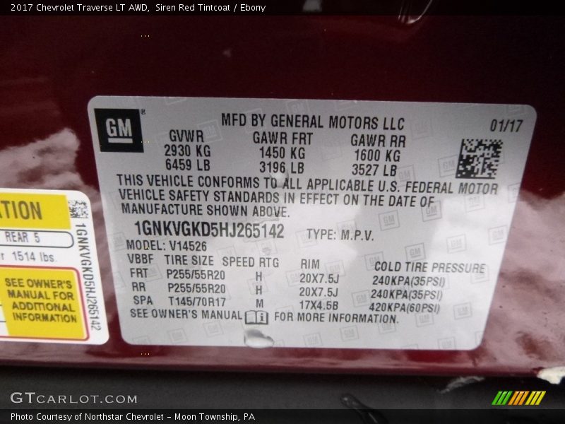 Siren Red Tintcoat / Ebony 2017 Chevrolet Traverse LT AWD