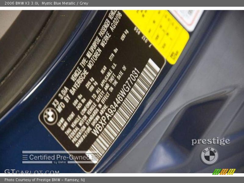Mystic Blue Metallic / Grey 2006 BMW X3 3.0i
