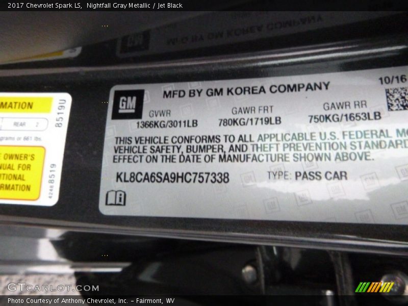 Nightfall Gray Metallic / Jet Black 2017 Chevrolet Spark LS