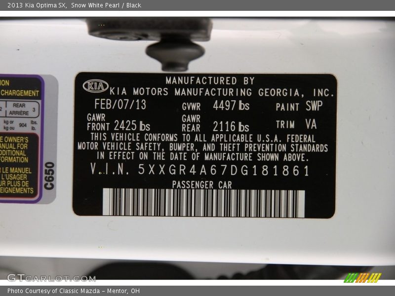 Snow White Pearl / Black 2013 Kia Optima SX