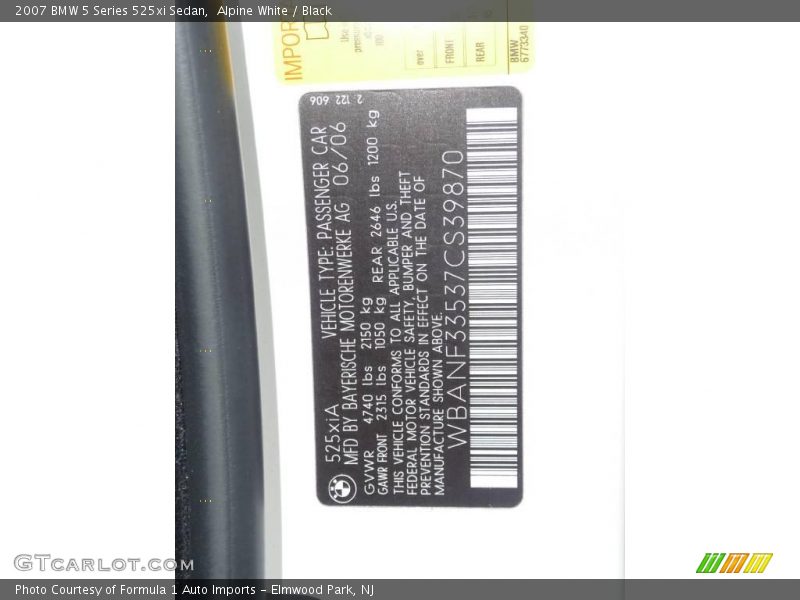 Alpine White / Black 2007 BMW 5 Series 525xi Sedan