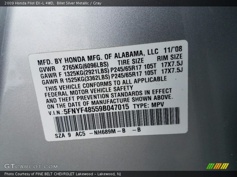 Billet Silver Metallic / Gray 2009 Honda Pilot EX-L 4WD