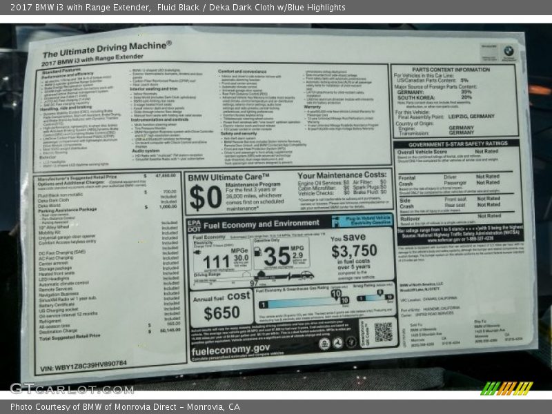 Fluid Black / Deka Dark Cloth w/Blue Highlights 2017 BMW i3 with Range Extender