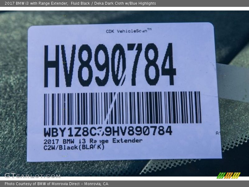 Fluid Black / Deka Dark Cloth w/Blue Highlights 2017 BMW i3 with Range Extender