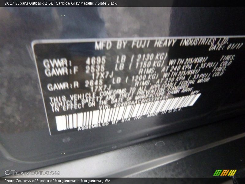 Carbide Gray Metallic / Slate Black 2017 Subaru Outback 2.5i