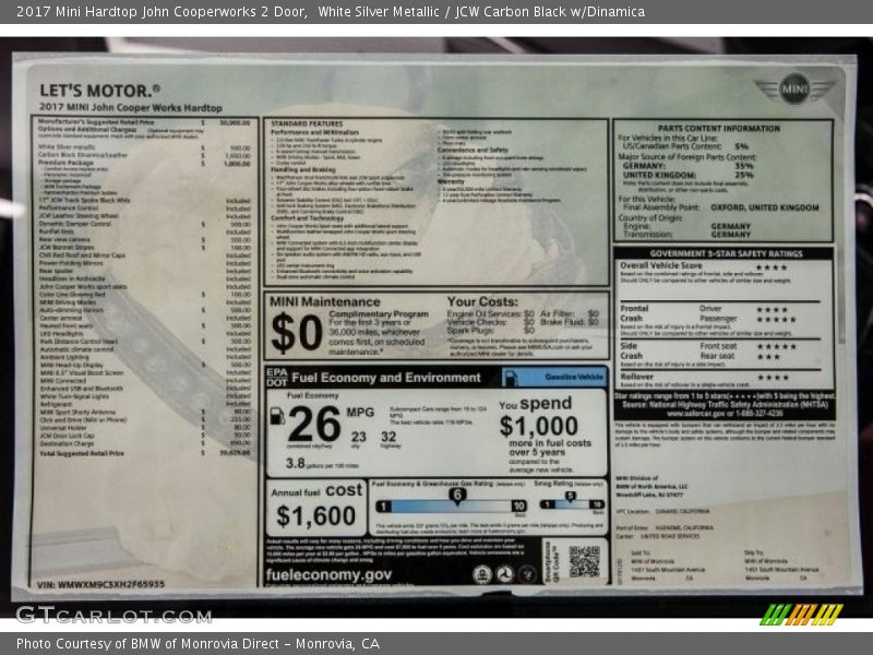  2017 Hardtop John Cooperworks 2 Door Window Sticker