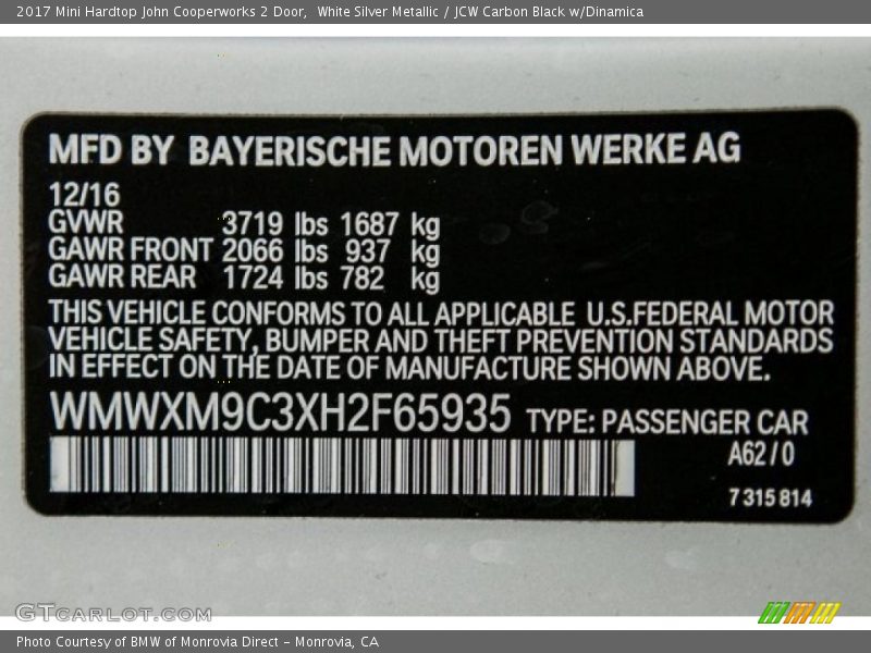 2017 Hardtop John Cooperworks 2 Door White Silver Metallic Color Code A62