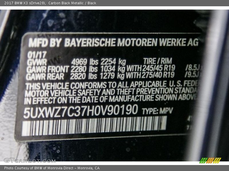 Carbon Black Metallic / Black 2017 BMW X3 sDrive28i