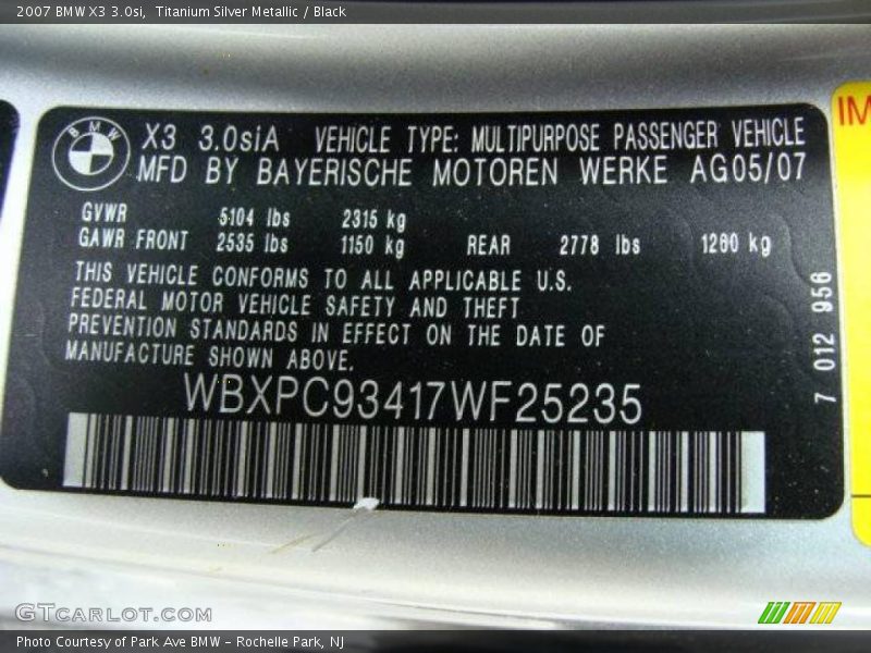 Titanium Silver Metallic / Black 2007 BMW X3 3.0si
